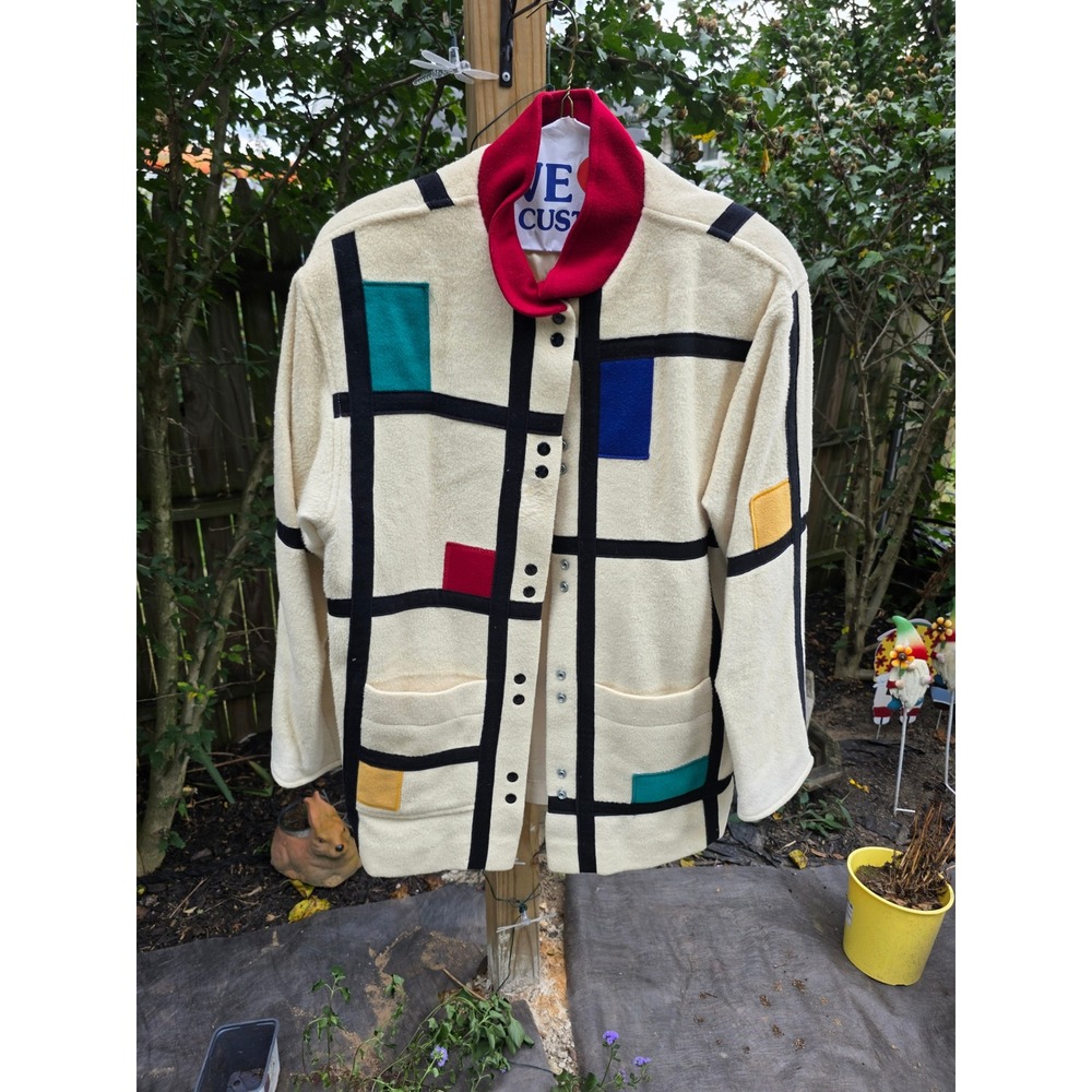 Vintage Mondrian Style Geometric Color Block Wool Coat Cream Red Large